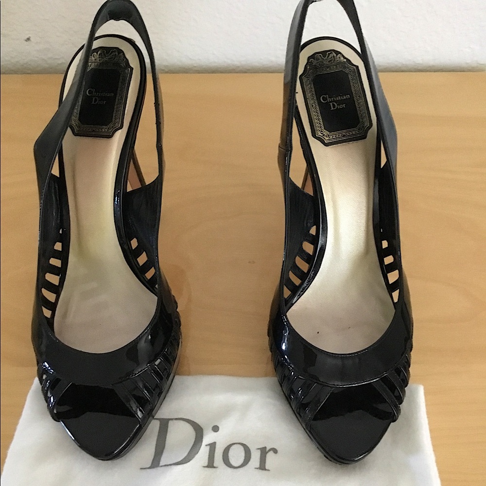 Christian Dior black patent leather sling backs